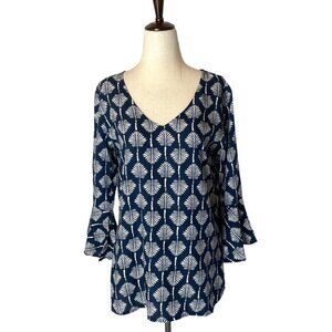 Escapada‎ Living Navy Blue And White Leaf Print Bell Sleeve V Neck Blouse XS